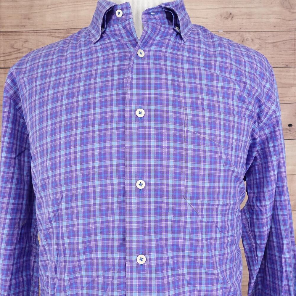 David Donahue Shirt Mens XL Purple Blue Plaid Long Sleeve Button Front Cotton‎